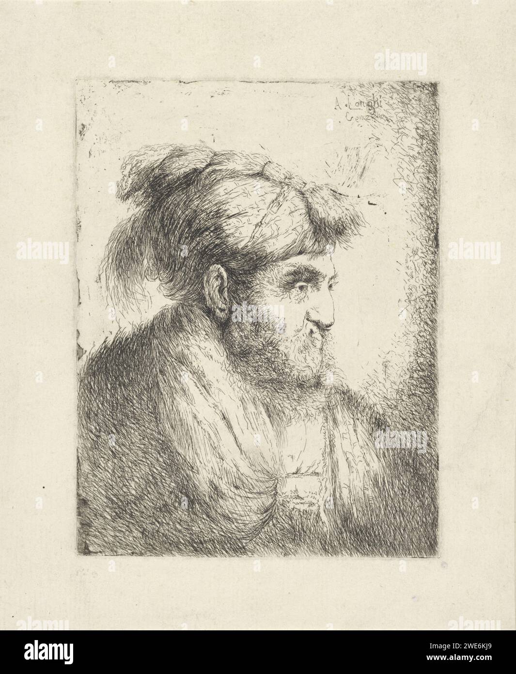 Man met Tulband, Alessandro Longhi, 1743 impression Portrait d'un homme avec barbe, turban et manteau à droite. Barbe de gravure de papier d'Italie. vieil homme (+ vue de trois quarts). équipement de tête : turban Banque D'Images
