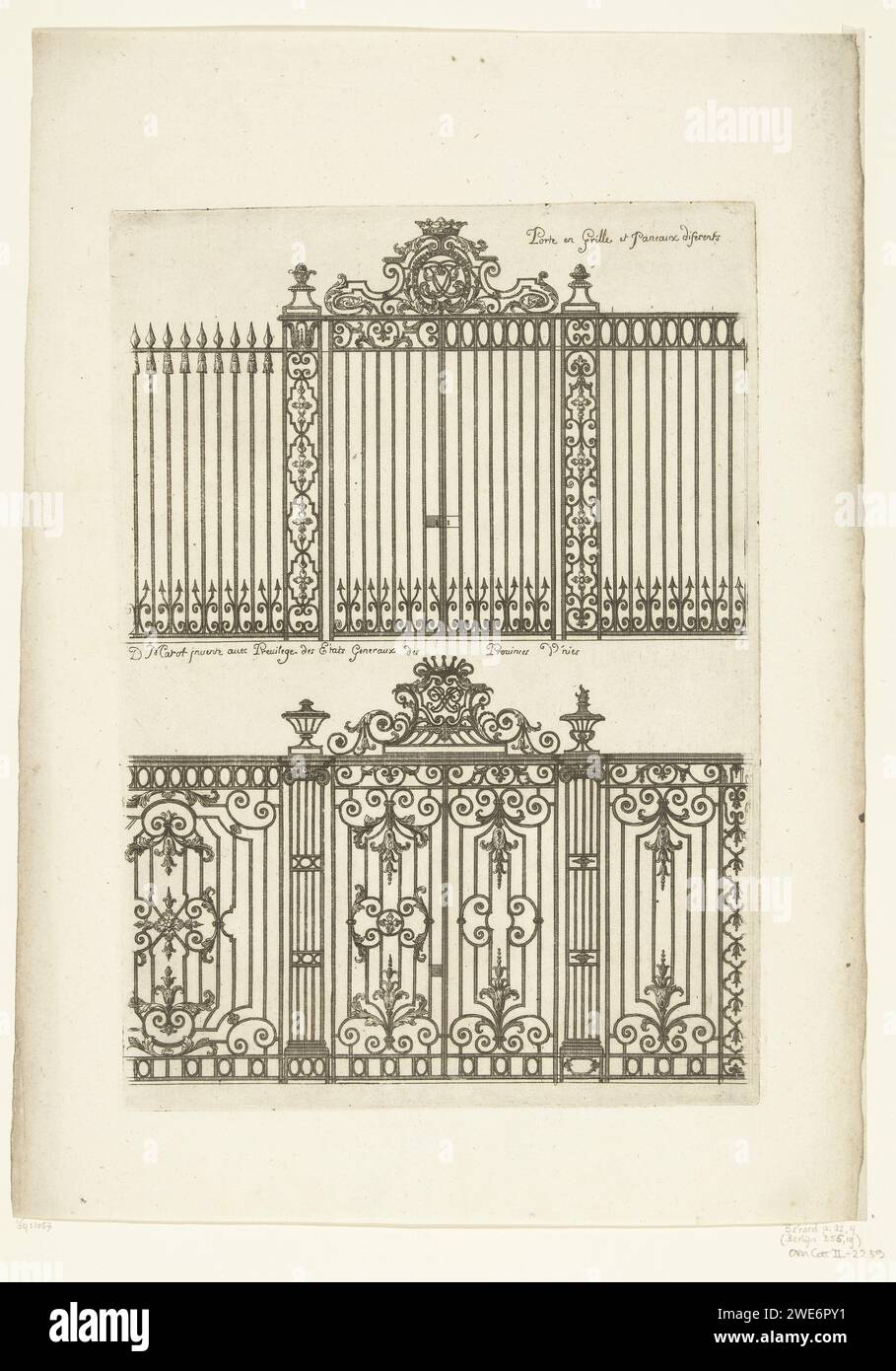 Deux portes d'entrée, Daniël Marot (I), 1712 imprimer les deux ports ont une variante sur le côté droit. Feuille 4 d'une série de 6 lames avec portails et mains courantes en fer forgé. Imprimeur : pays-Bas (éventuellement) après sa propre conception par : pays-Bas (éventuellement) éditeur : Amsterdam porte de gravure en papier, entrée Banque D'Images
