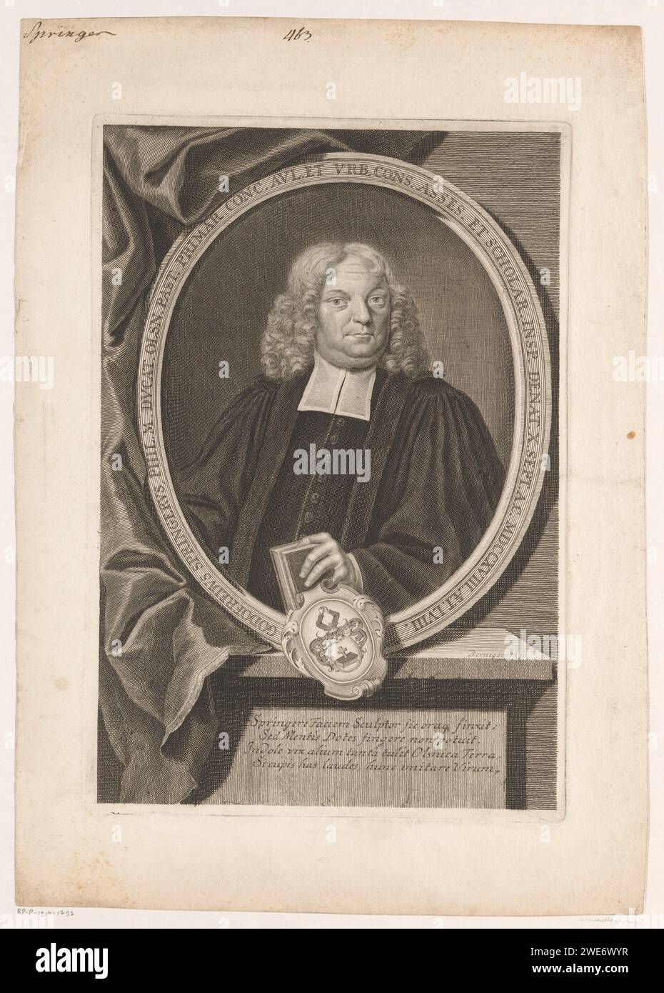 Portrait de Gottfried Springer, Martin Bernigeroth, 1718 - 1733 copies Leipzig gravure sur papier personnages historiques. roulement armorial, héraldique. livre Banque D'Images