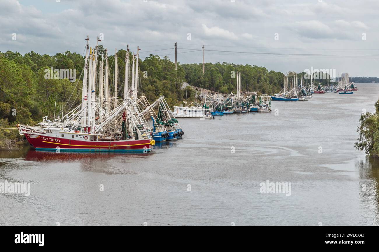 Des bateaux de pêche à la crevette commerciaux ont ancré le long de l'intérieur du Bayou Bernard en préparation d'un ouragan dans le golfe du Mexique Banque D'Images