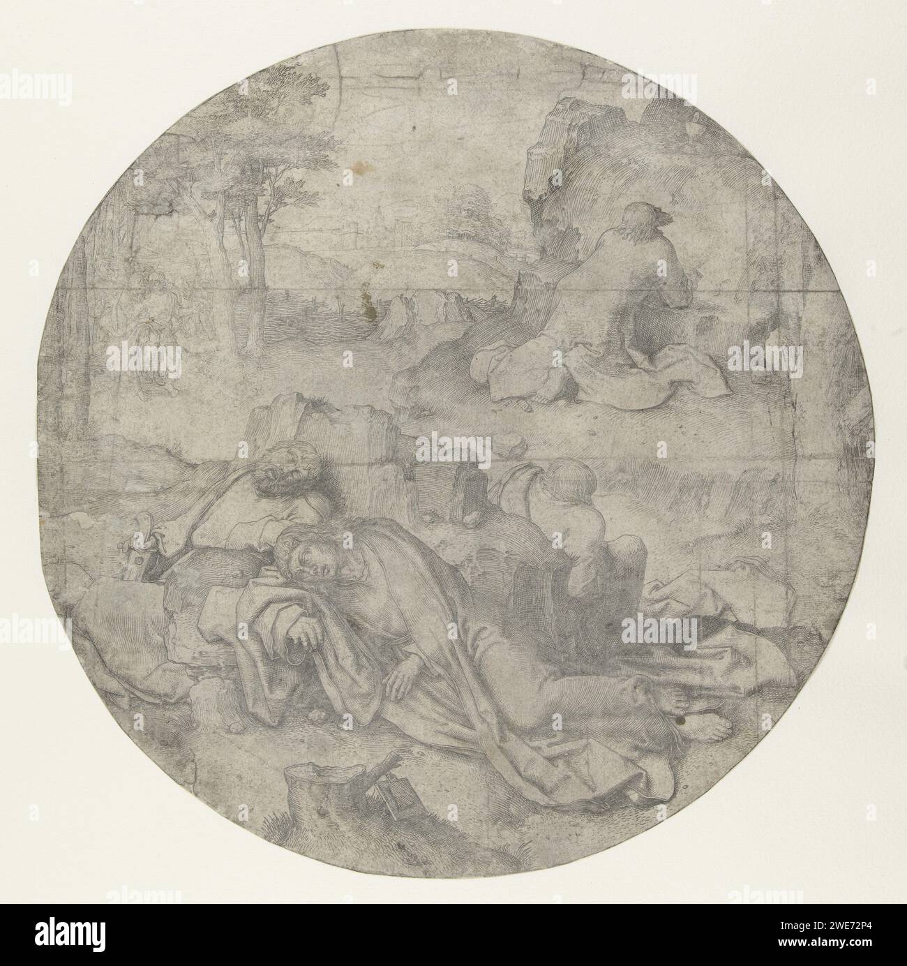 Christ sur le mont des oliviers, Lucas van Leyden, 1509 Print Frame Cut Away. Trois apôtres endormis et Christ priant sur la montagne. Un calice sur un rocher au-dessus de lui. Papier des pays bas gravant la prière du Christ dans le jardin de Gethsémani pendant la nuit Banque D'Images