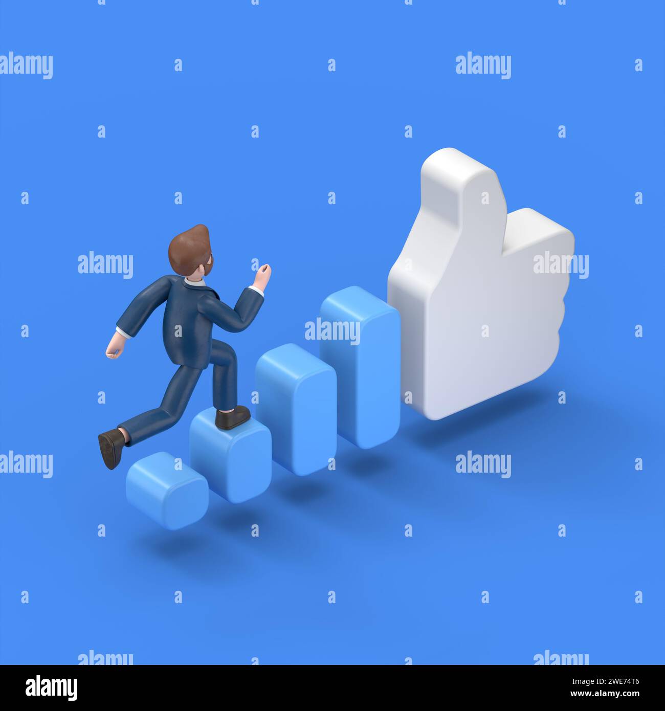 Illustration 3D isométrique sur fond bleu, augmentation de la popularité sur les réseaux sociaux, illustration 3D de l'homme d'affaires barbu américain Bob court vers le haut du s. Banque D'Images