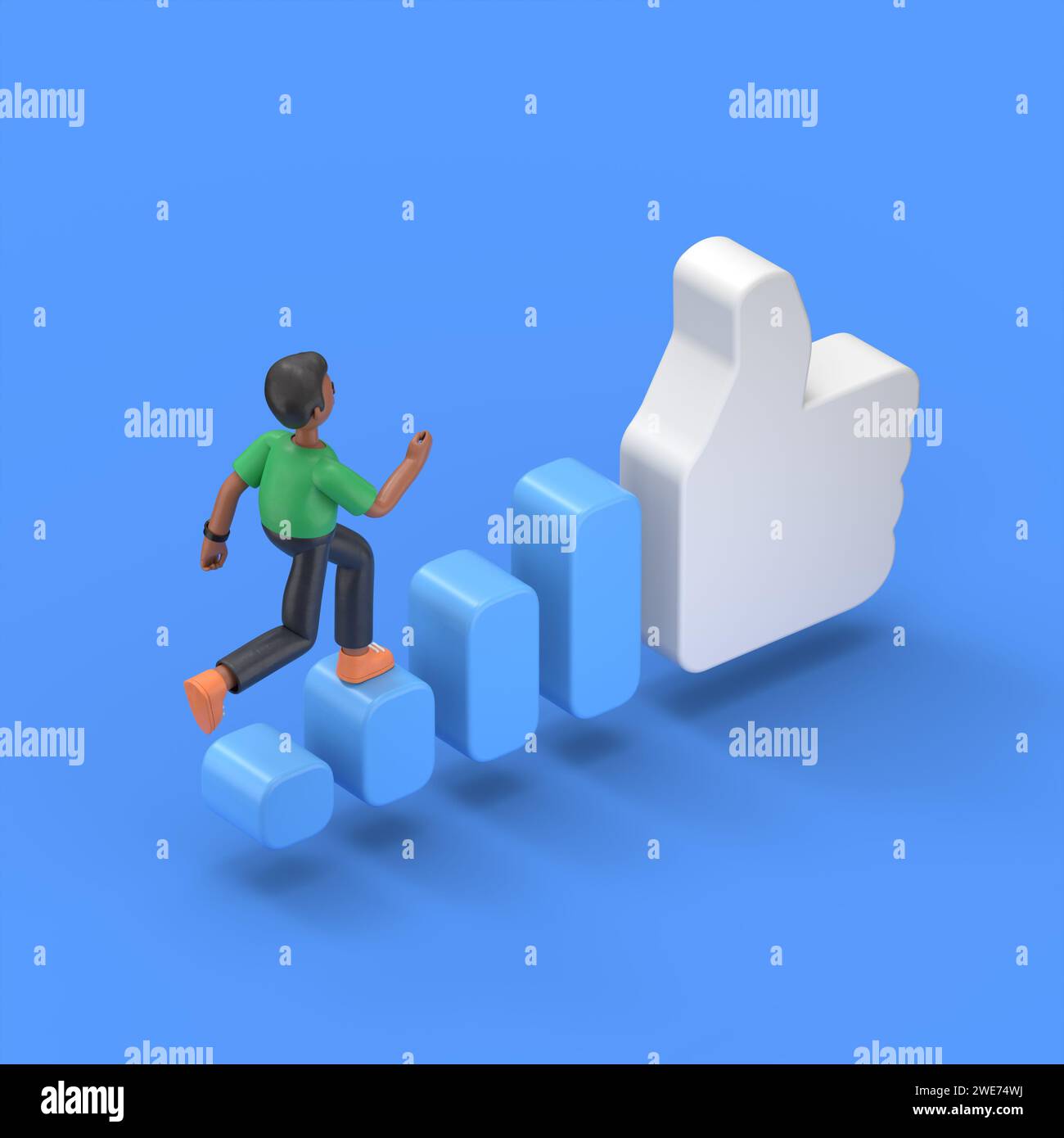 Illustration 3D isométrique sur fond bleu, augmenter la popularité sur les réseaux sociaux, illustration 3D du bel homme afro David monte les escaliers Banque D'Images