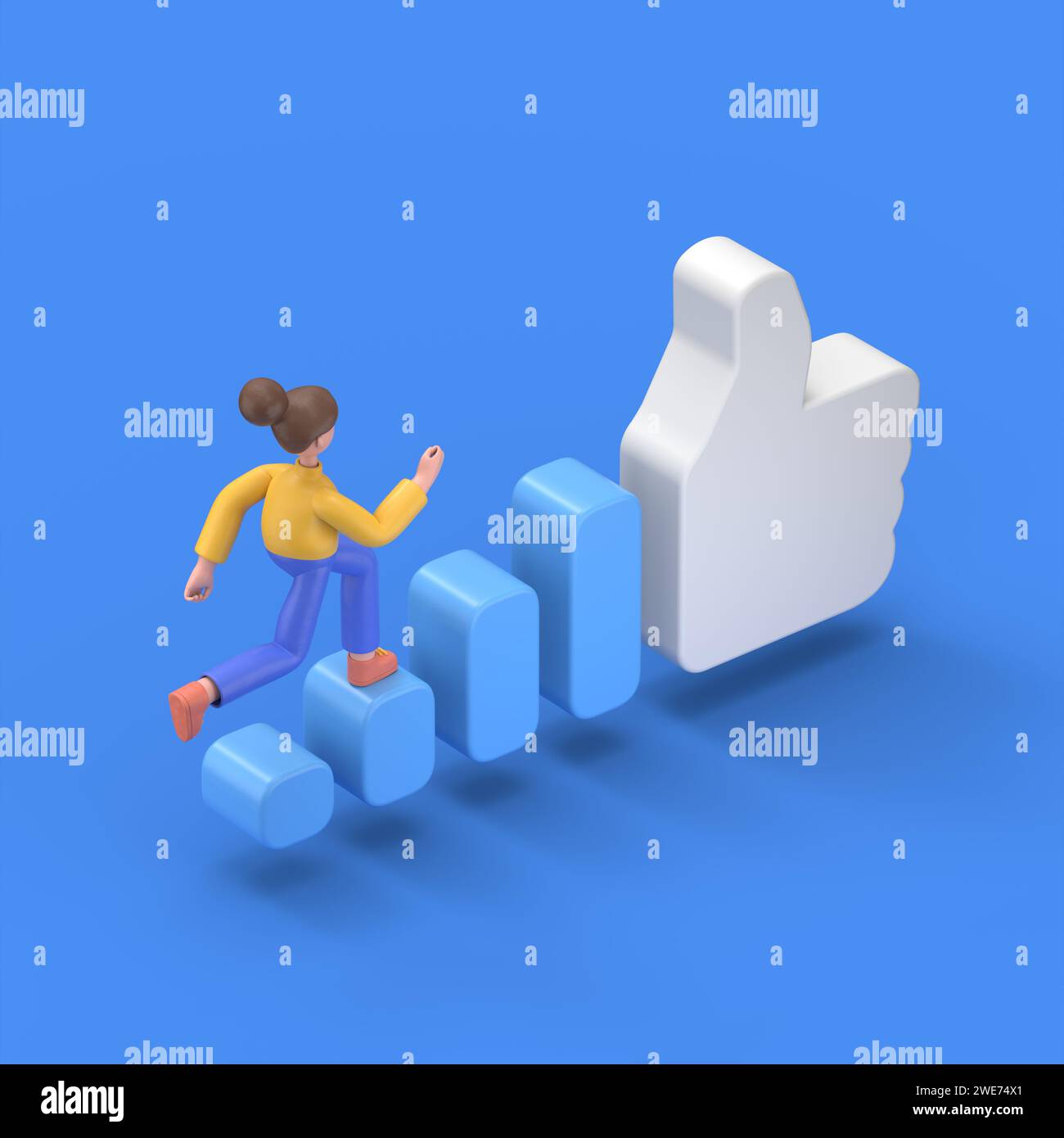 Illustration 3D isométrique sur fond bleu, augmenter la popularité sur les réseaux sociaux, illustration 3D de femme asiatique Angela monte les escaliers à un grand Banque D'Images