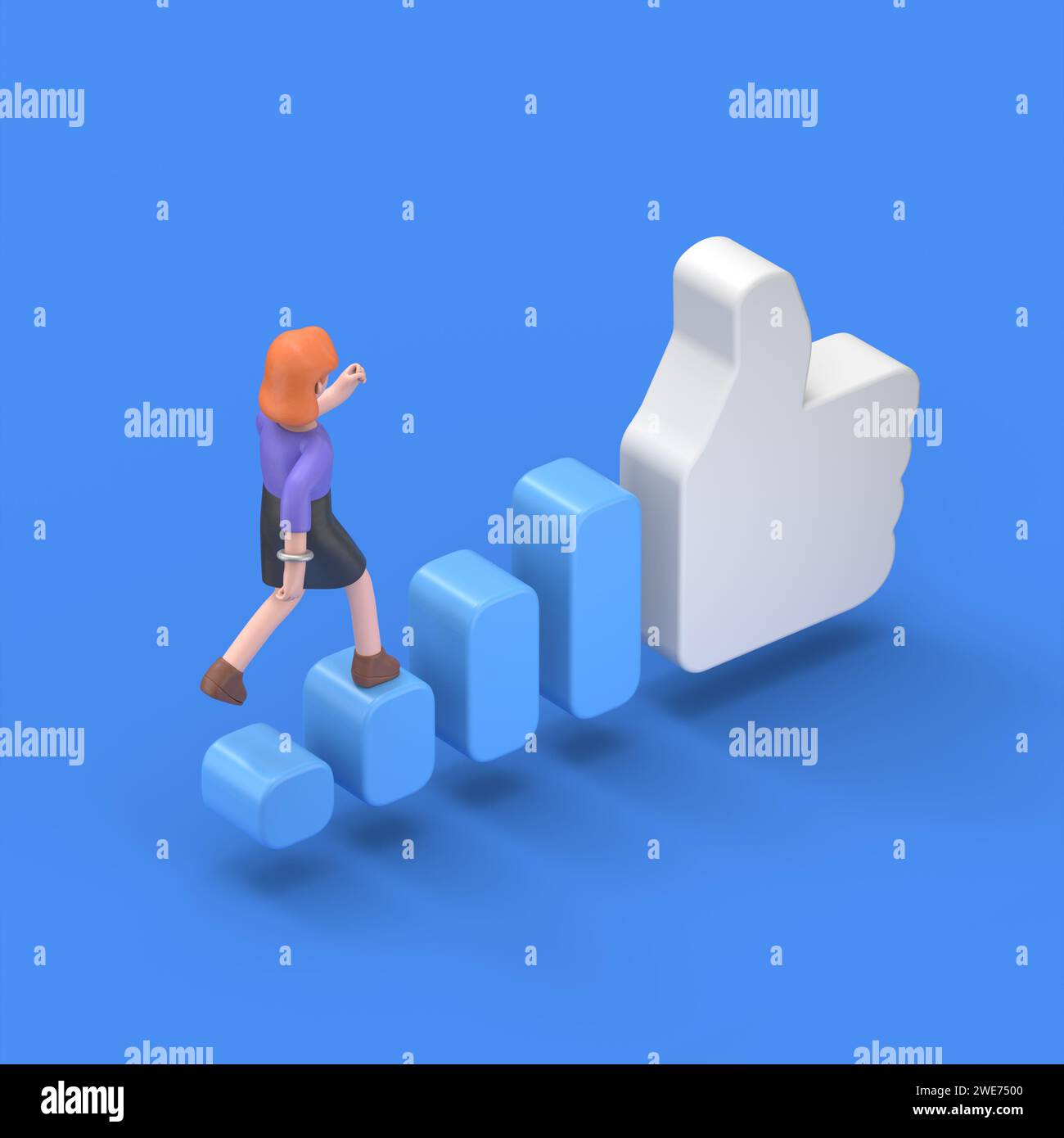 Illustration 3D isométrique sur fond bleu, augmenter la popularité sur les réseaux sociaux, illustration 3D de la femme d'affaires européenne Ellen monte l'escalier Banque D'Images