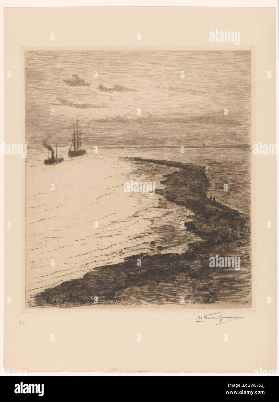 Entrée d'un port, Carel Nicolaas tempête de 's -Gravesande, 1887 - 1889 imprimer à droite un brise-roche ; deux navires à gauche. Pays-Bas gravure de papier / port de point sec Banque D'Images