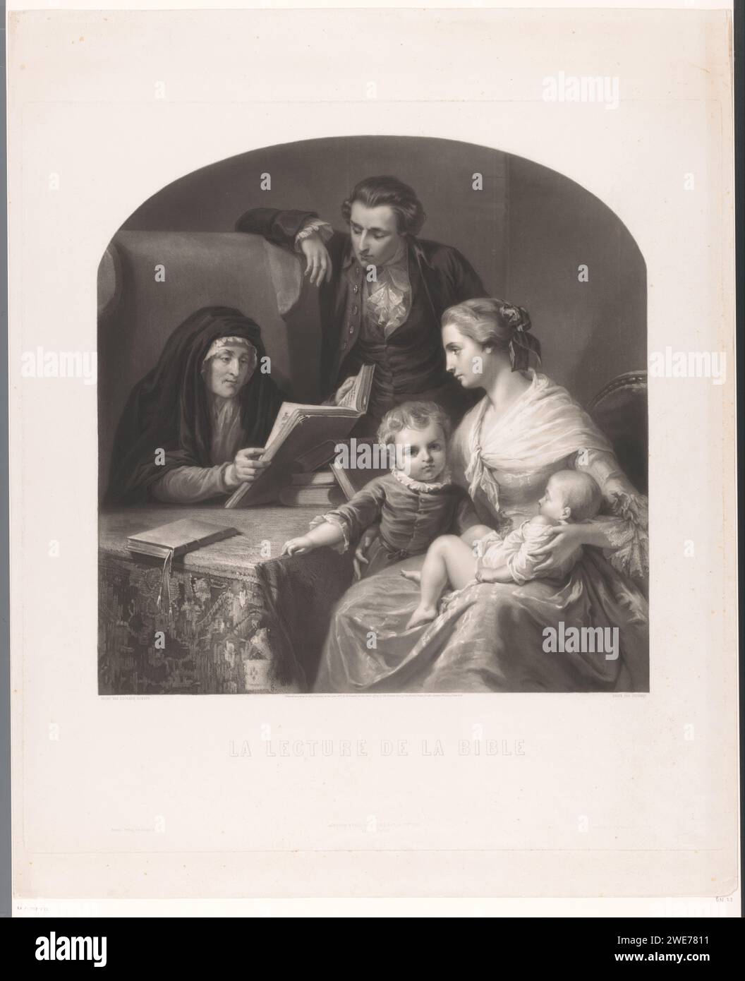 Famille sur l'étude biblique, Auguste Adrien Jouanin, d'après Edouard Dubufe, 1855 imprimer Paris gravure sur papier / gravure lisant la Bible ou d'autres livres religieux. la vie familiale à la maison Banque D'Images