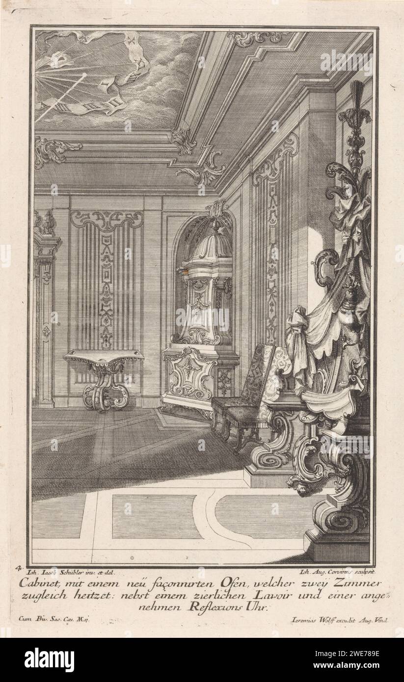 Cabinet avec Schouw, Johann August Corvinus, d'après Johann Jakob Schübler, en ou après 1724 imprimer Un cabinet avec une cheminée ornementée, un lavoir (une buanderie), une table et deux chaises. Dans la marge inférieure un texte allemand de trois lignes. Augsburg gravure sur papier / gravure intérieur de la maison. foyer ouvert, cheminée. carafe et lavabo ; lavabo Banque D'Images