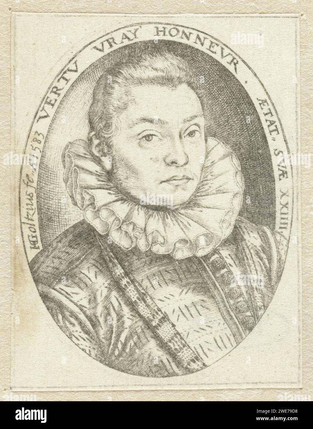 Portrait d'un jeune homme à l'âge de 24 ans, Hendrick Goltzius, tirage de 1583 Portrait d'un homme avec remède plissé, à mi-chemin. Pas tout à fait clair qui est représenté ici : Jan Dircksz. Schatter ou Erasmus Vollevlens ou n'importe qui d'autre. Inscription Rand autour de l'ovale. Haarlem gravure sur papier / contrepreuve personne historique anonyme représentée seule. Cou-équipement  vêtements (avec NOM) Banque D'Images