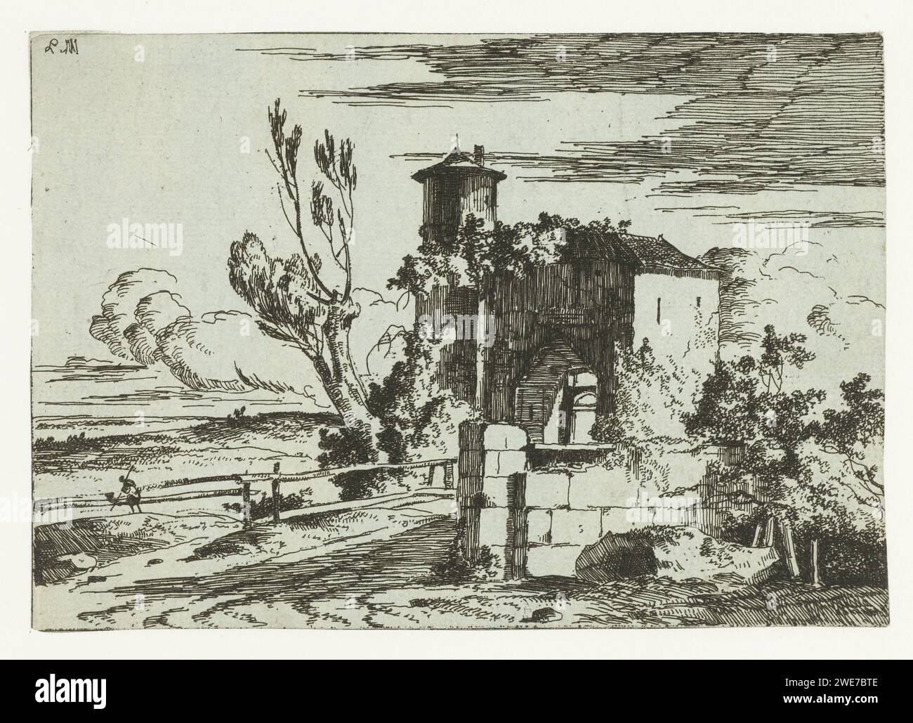 Poortgebouw avec Tour ronde, Louis Gabriel Moreau, 1770 - 1779 imprimer Une maison de garde dans un paysage. portail de gravure de papier, entrée Banque D'Images