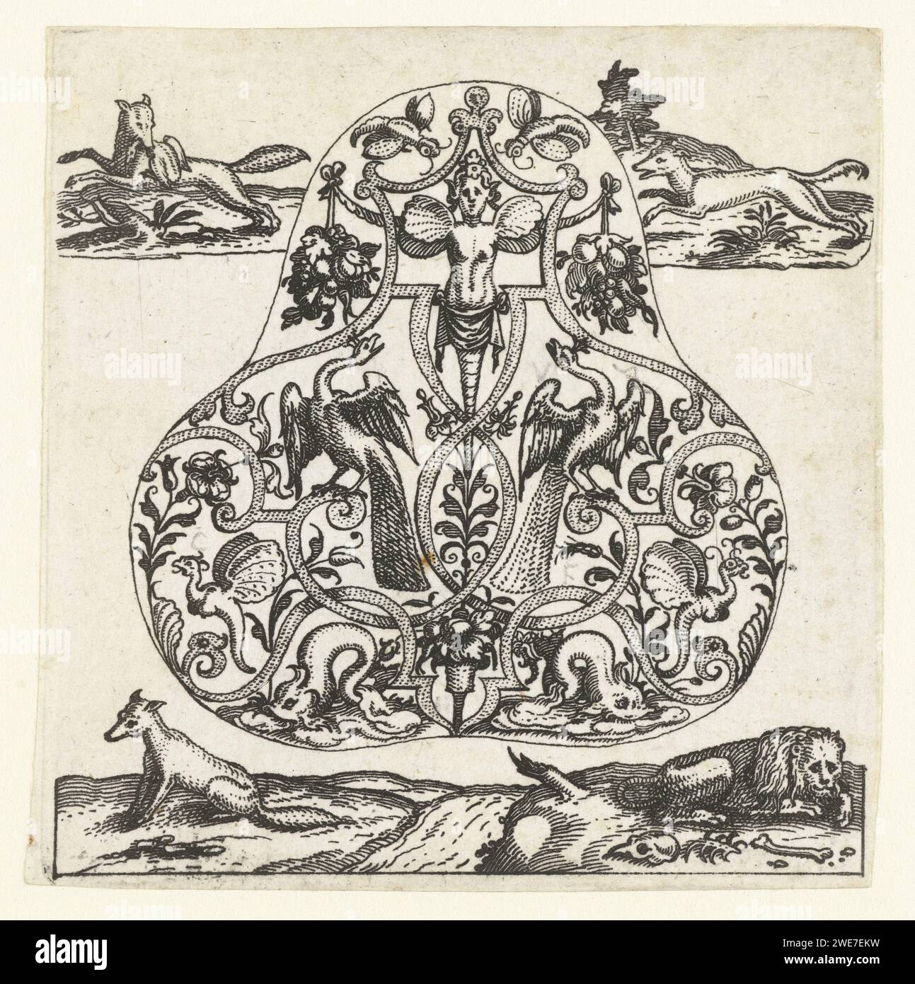 Pendentif avec Herme ailé flanqué de deux paons, Dietrich Meyer, c. 1600 impression au sommet deux renards courir, au bas sont le lion, le renard et l'âne qui sont allés chasser ensemble. L'un des 8 magazines non numérotés d'une série de 12. Zurich (Stad) (peut-être) gravure sur papier Banque D'Images