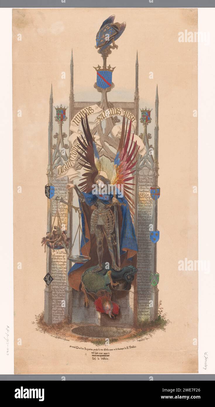 Archange Michaël aux écailles, P. Lapret, d'après Félicie de Fauueau, c. 1820 imprimer Paris papier psychostase, l'Archange Michel pesant les âmes dans les écailles (et poignardant le diable) Banque D'Images