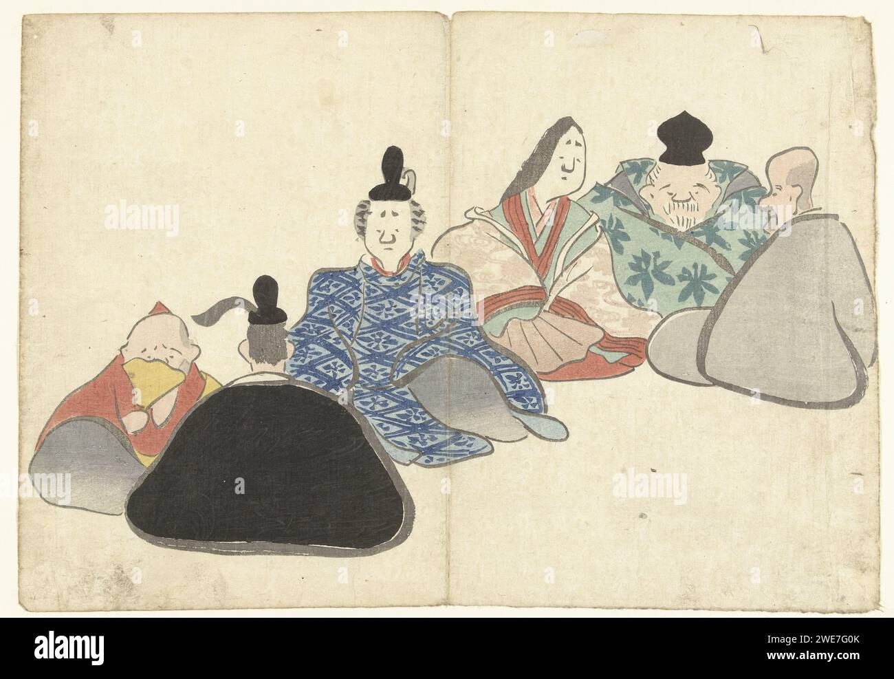 Six poètes immortels, Nakamura Hôchû, 1826 impriment un groupe de six personnes assises, dont l'une a vu. Ou papier couleur gravure sur bois assis sur le sol. écrivain, poète, auteur Banque D'Images