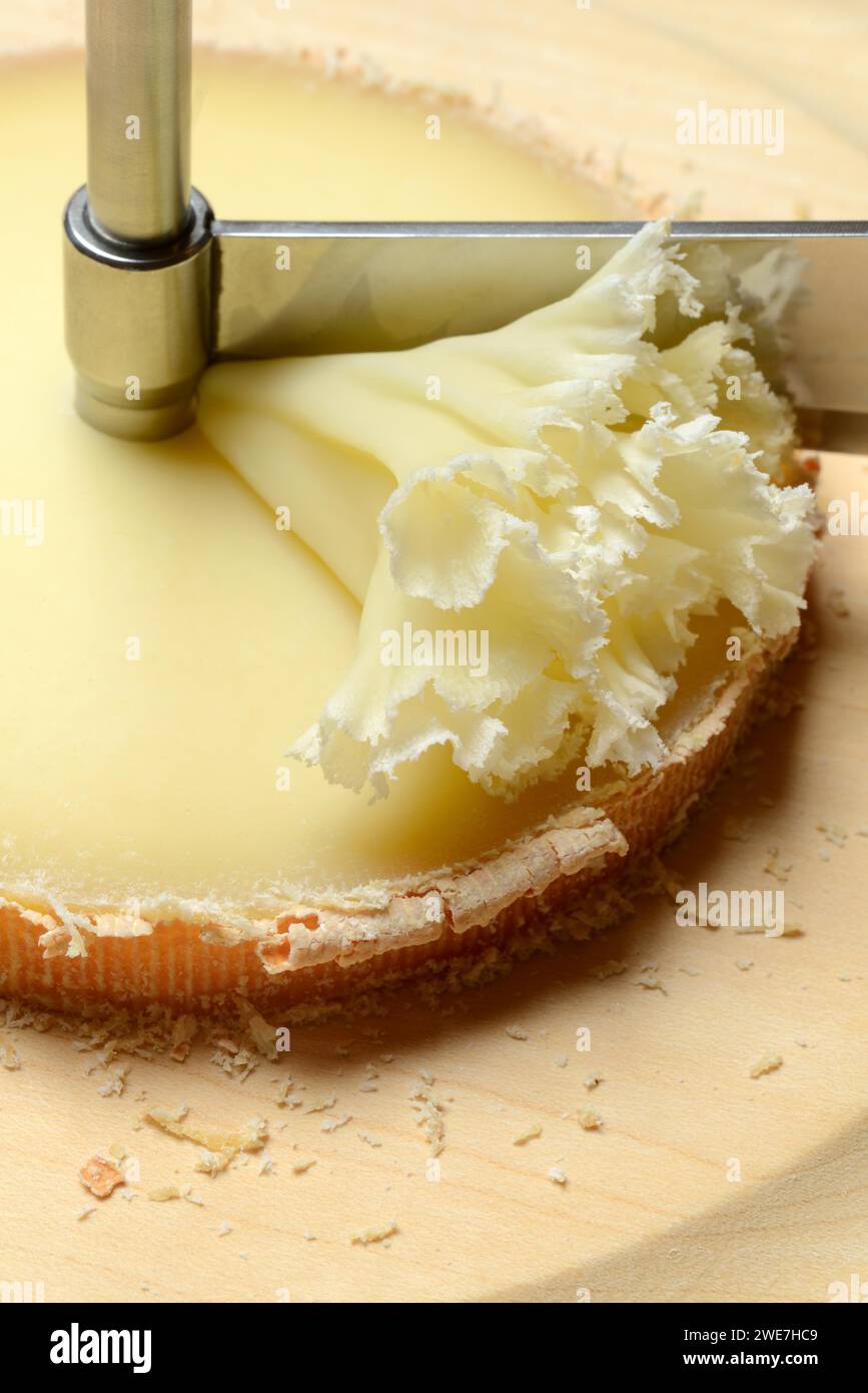 Fromage 'Tete de Moines' avec couteau girolle, rosettes de fromage, Moenchskopf, Suisse Banque D'Images