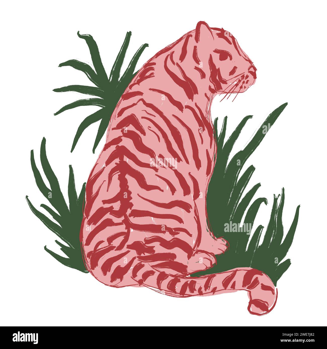 Illsutration tirée à la main avec tigre orange sur fond tropical jungle verte. Forêt sauvage turquoise blush d'été nature, feuilles colorées Tredy zoo imprimé hawaii, faune exotique animal chat art safari Banque D'Images