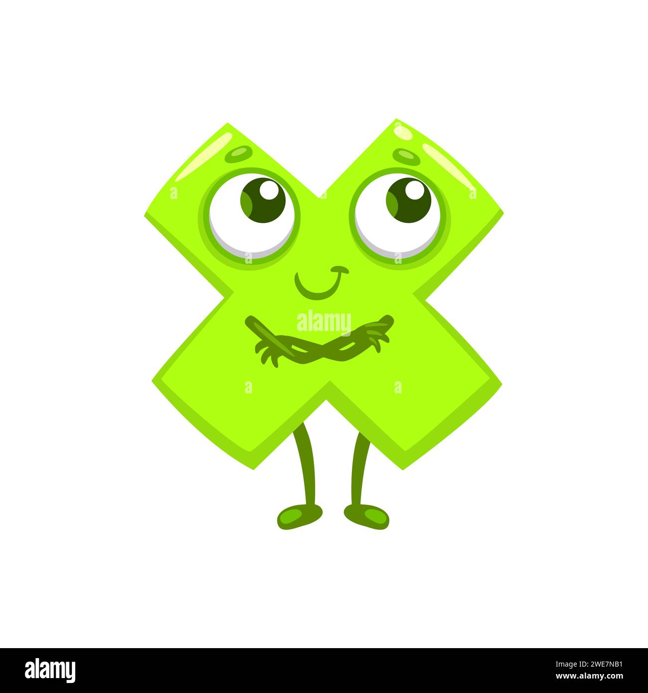 Dessin animé caractère de signe de multiplication de nombre mathématique drôle. Personnage de symbole de croix fantaisiste de vecteur isolé avec le visage pensif, les yeux ronds, et un sourire malicieux, prêt pour les leçons de mathématiques à l'école Illustration de Vecteur