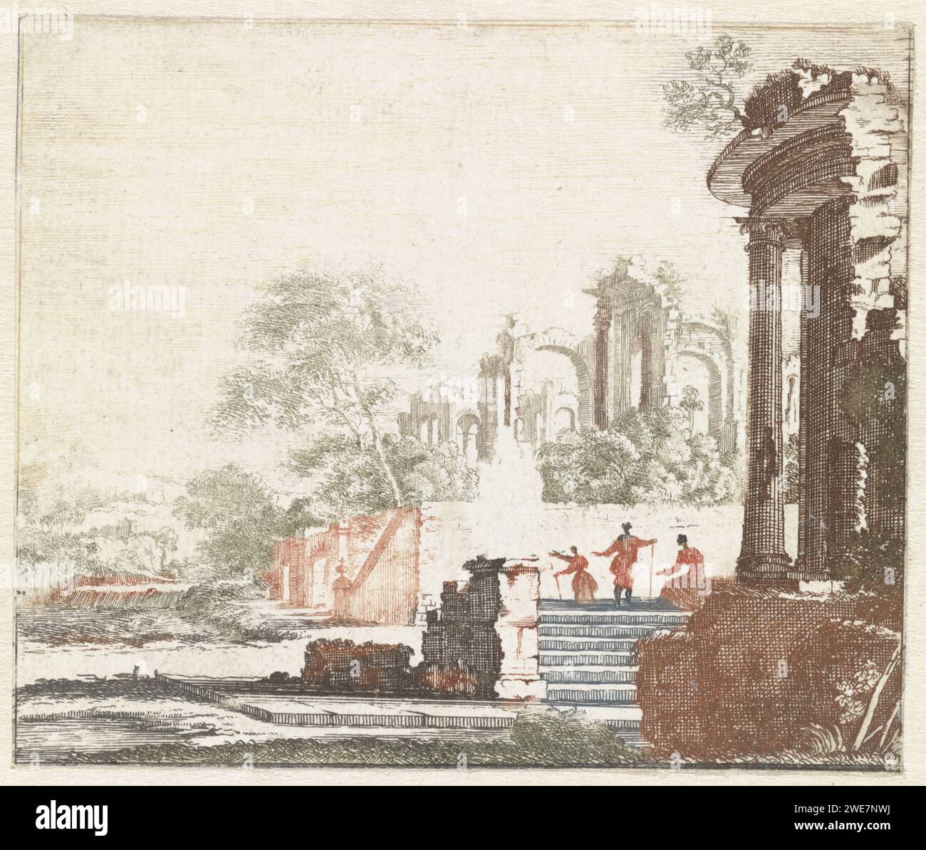 Paysage avec deux ruines romaines, Anonyme, 1688 - 1698 imprimer Paysage avec une ruine romaine avec des colonnes sur la droite et une ruine avec quelques arches sur une élévation. En haut d'un escalier trois figures. Paysage de gravure de papier des pays-Bas avec des ruines Banque D'Images
