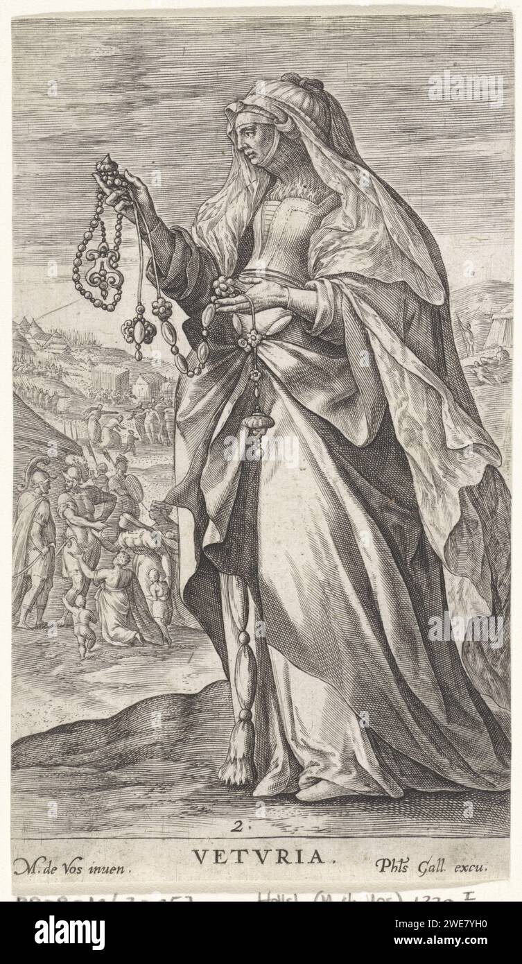 Veturia, Anonyme, d'après Maerten de vos, 1570 - 1612 estampe sur le devant Veturia, la mère du général romain Gaius Marcius Coriolanus. Coriolanus se retourna contre Rome en rejoignant le Volsken. En arrière-plan, Veturia s'agenouille pour son fils et le supplie d'arrêter son ascension à Rome. Avec la femme et les enfants de Coriolanus. Imprimeur : Low Countriesafter design by : Antwerppublisher : Anvers gravure sur papier Veturia, mère de Coriolanus (une des neuf femmes les plus worthies) Banque D'Images