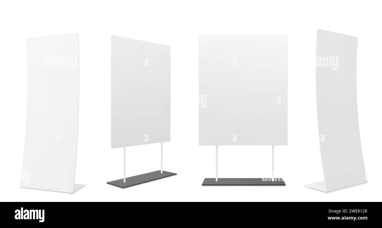 Ensemble 3D de supports publicitaires vierges isolés sur fond blanc. Illustration réaliste vectorielle de l'équipement de stand de salon commercial, maquette de bannière pour la présentation du produit, affiche pop up vue avant et latérale Illustration de Vecteur