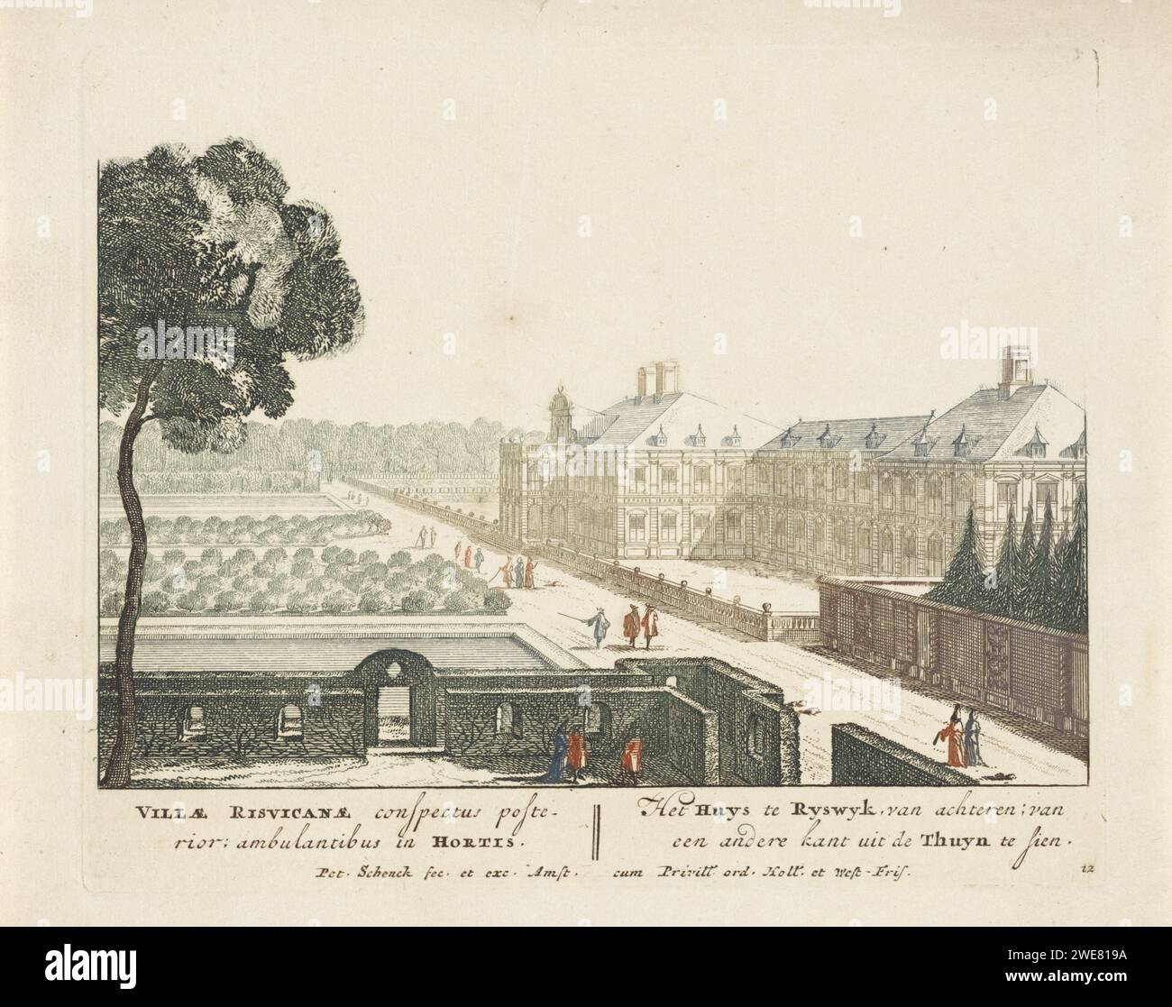 Dos de huis ter Nieuburch à Rijswijk avec les randonneurs, Pieter Schenk (I), 1697 print vue en diagonale sur le dos de huis ter Nieuburch à Rijswijk. Amsterdam papier gravure Maison Ter Nieuburch Banque D'Images