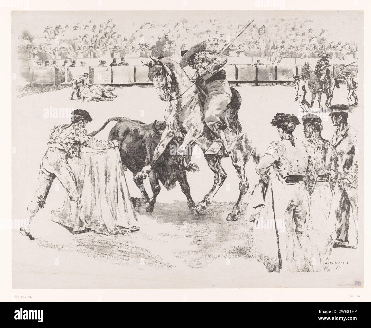 Picador frappe lors d'une corrida, Alexandre Lunois, imprimeur 1897 : Francepublisher : corrida papier Paris. chasseur de taureaux, toreador Banque D'Images