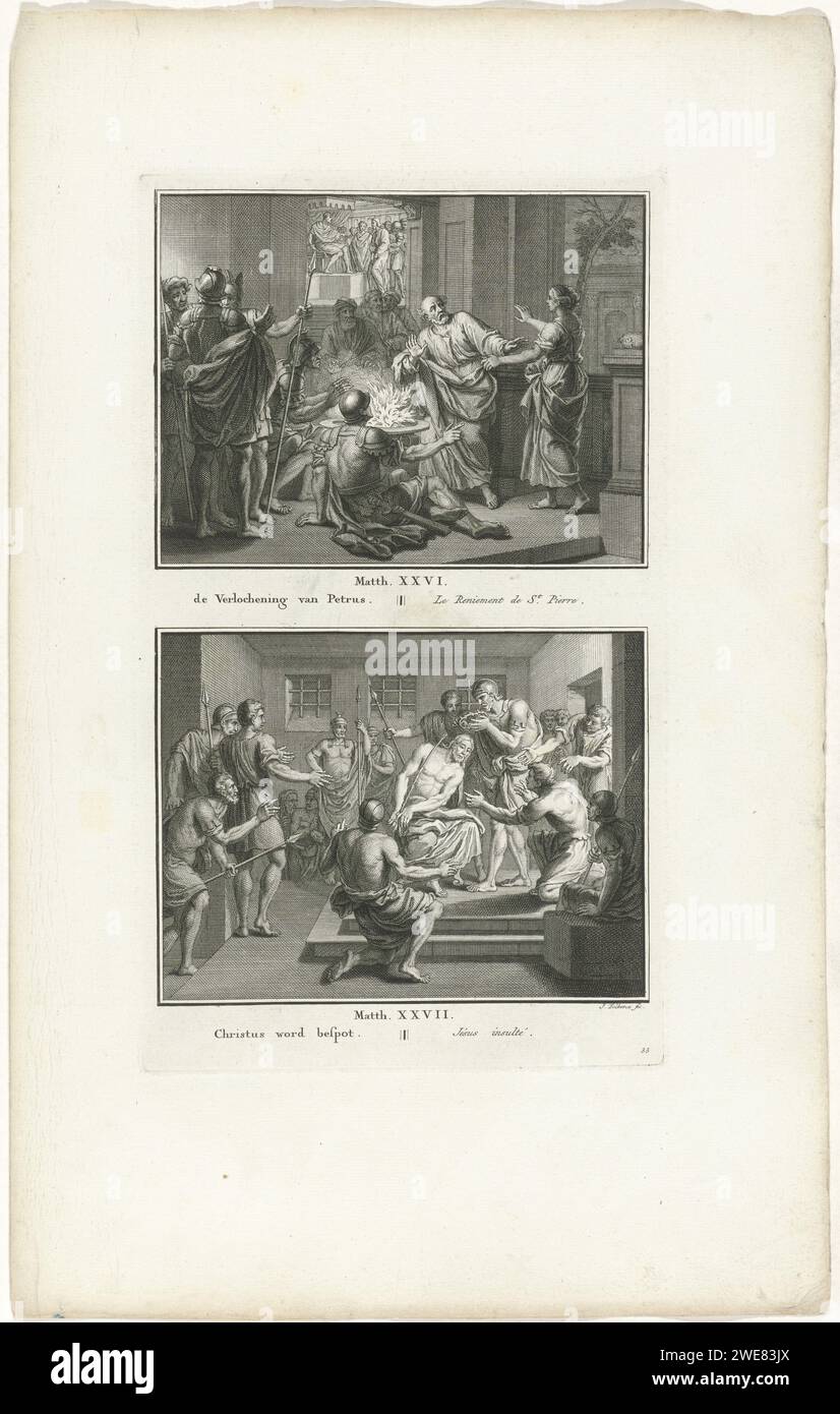DÉPART DE PETRUS ET LE MOUVEMENT DU CHRIST, Jacob Folkema, 1791 imprimer deux représentations bibliques de Mat. 26 et 27. Le déni de Pierre et la moquerie du Christ. Deux représentations d'une plaque, chacune avec un titre en néerlandais et en français. Entièrement numéroté en bas à droite : 33. Editeur : Amsterdampublisher : Dordrecht papier gravure Pierre nie Christ, généralement devant une servante et quelques soldats. Moqueries de Christ, qui peut avoir les yeux bandés Banque D'Images DÉPART DE PETRUS ET LE MOUVEMENT DU CHRIST, Jacob Folkema, 1791 imprimer deux représentations bibliques de Mat. 26 et 27. Le déni de Pierre et la moquerie du Christ. Deux représentations d'une plaque, chacune avec un titre en néerlandais et en français. Entièrement numéroté en bas à droite : 33. Editeur : Amsterdampublisher : Dordrecht papier gravure Pierre nie Christ, généralement devant une servante et quelques soldats. Moqueries de Christ, qui peut avoir les yeux bandés Banque D'Images