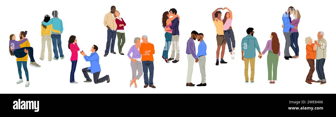 Ensemble de différents couples dans le vecteur d'amour isolé. Illustration de Vecteur