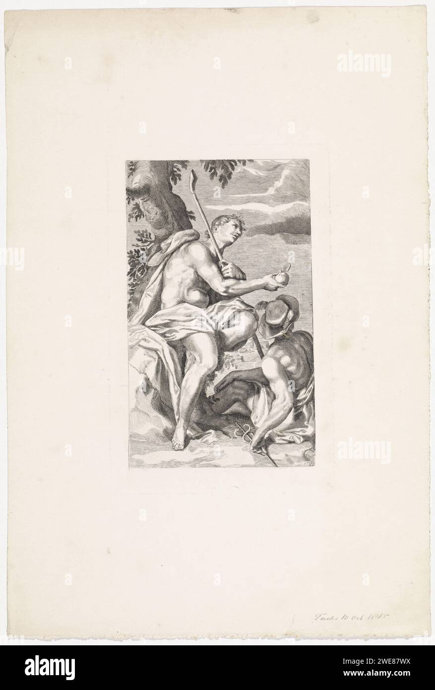 Jugement de Paris, c.a. Tuchs, d'après Willem Isaacsz. Van Swanenburg, d'après Michiel Jansz van Mierevelt, 1865 print Paris, assis sous un arbre, offre la pomme d'or de sa main droite. Mercure est sur ses pieds. Pays-Bas gravure sur papier le jugement de Paris (Mercure présent) Banque D'Images