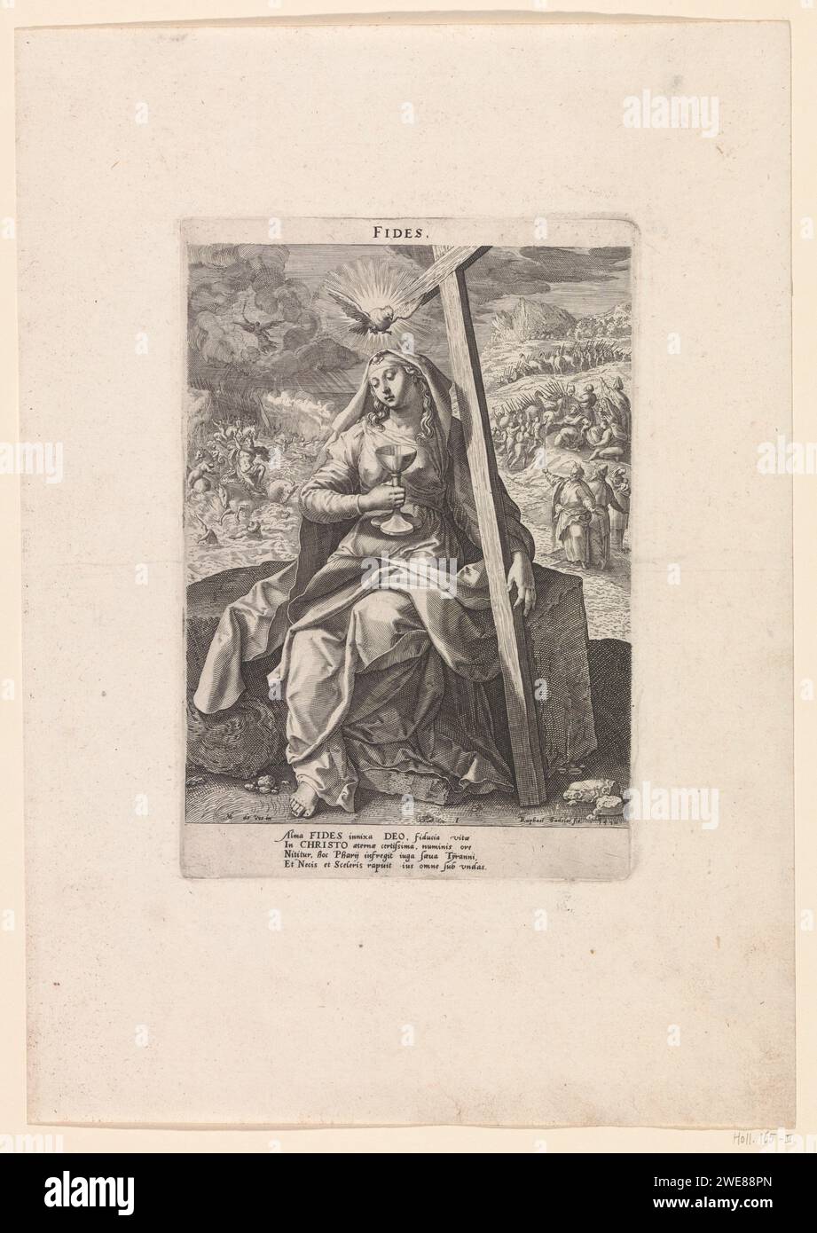 Faith, Raphaël Sadeler (I), d'après Maerten de vos, 1590 imprimer la personnification féminine de la foi (Fides). Elle est assise sur une pierre avec la croix dans les mains et un calice. Le Saint-Esprit vole comme un pigeon au-dessus de sa tête. En arrière-plan la destruction de l'armée égyptienne dans la mer Rouge. Gravure sur papier de Francfort Faith, 'Fidess' ; 'FEDE', 'FEDE catholica', 'FEDE christiana', 'FEDE christiana catholica' (Ripa)  une des trois vertus théologiques. Avec son peuple en sécurité sur le rivage, Moïse lève les mains et provoque le retour de l'eau ; l'armée de Pharaon périt dans l'eau (Mer Rouge) Banque D'Images