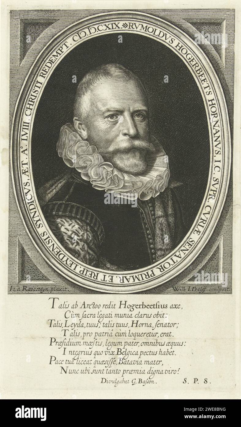 Portrait du retraité Rombout Hogerbeets à l'âge de 58 ans, Willem Jacobsz Delff, d'après Jan Antonisz van Ravesteyn, tirage de 1619 Portrait du retraité Rombout Hogerbeets à l'âge de 58 ans, pectoral avec collier en accompagnement ovale. Verset latin dans la marge de fin. Gravure sur papier Delft Banque D'Images