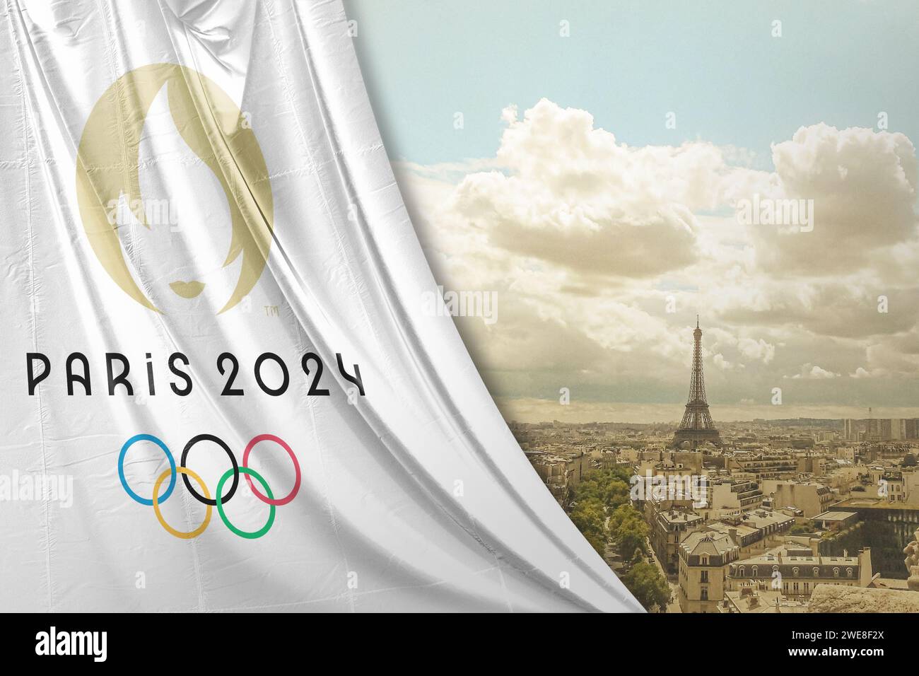 Vue de dessus du drapeau des jeux olympiques français 2024 avec grunge . Conception de plan, disposition. Logo officiel du SOG 2024 à Paris Banque D'Images