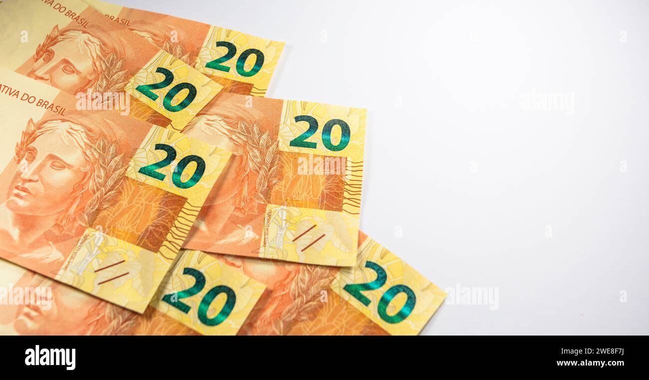 Un gros plan de 20 reais billets du Brésil. Banque D'Images