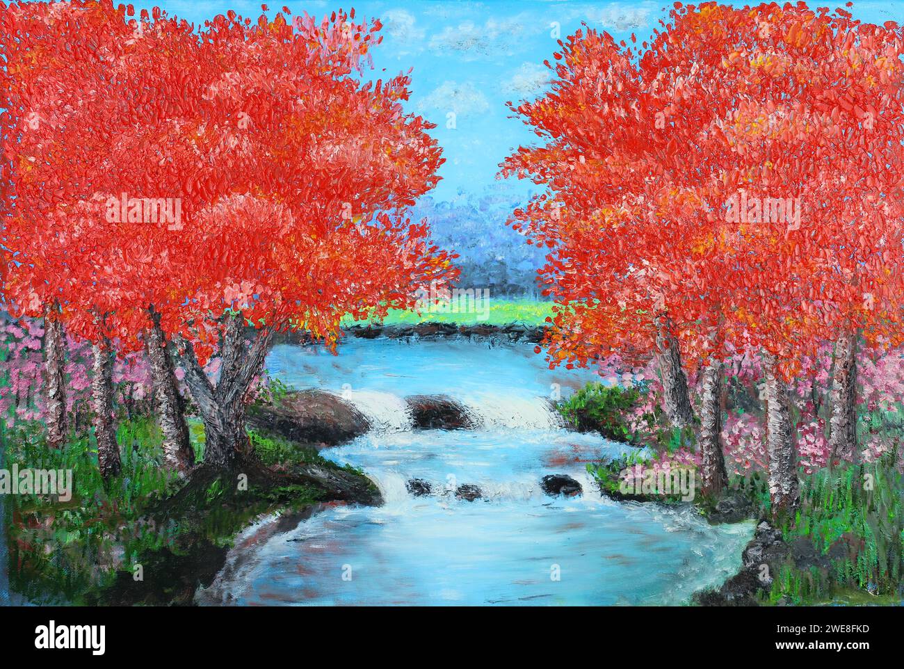 Arbres d'automne rouge flamboyant flanquant les rapides de la rivière avec une petite cascade Banque D'Images