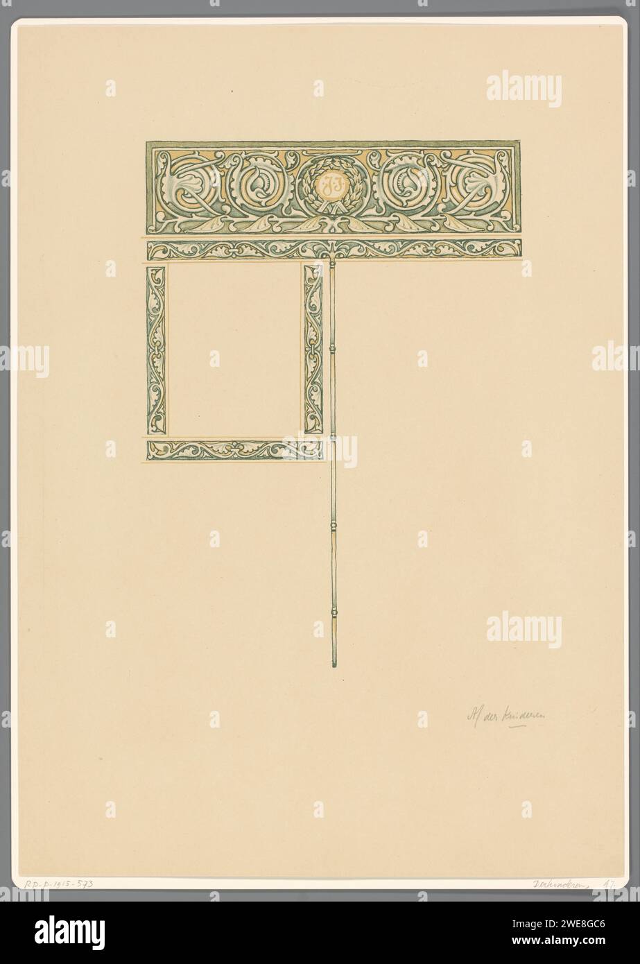 Décoration de feuilles avec les initiales d'Isaac Israëls, Antoon Derkinderen, 1893 - 1894 imprimer Un pneu rectangulaire décoré de motifs végétaux. Au milieu, une couronne avec les initiales 'i.i.' d'Isaac Israëls. Sous la vignette des bords décoratifs verticaux et horizontaux avec espace pour le texte. entrelacement de papier  ornement Banque D'Images