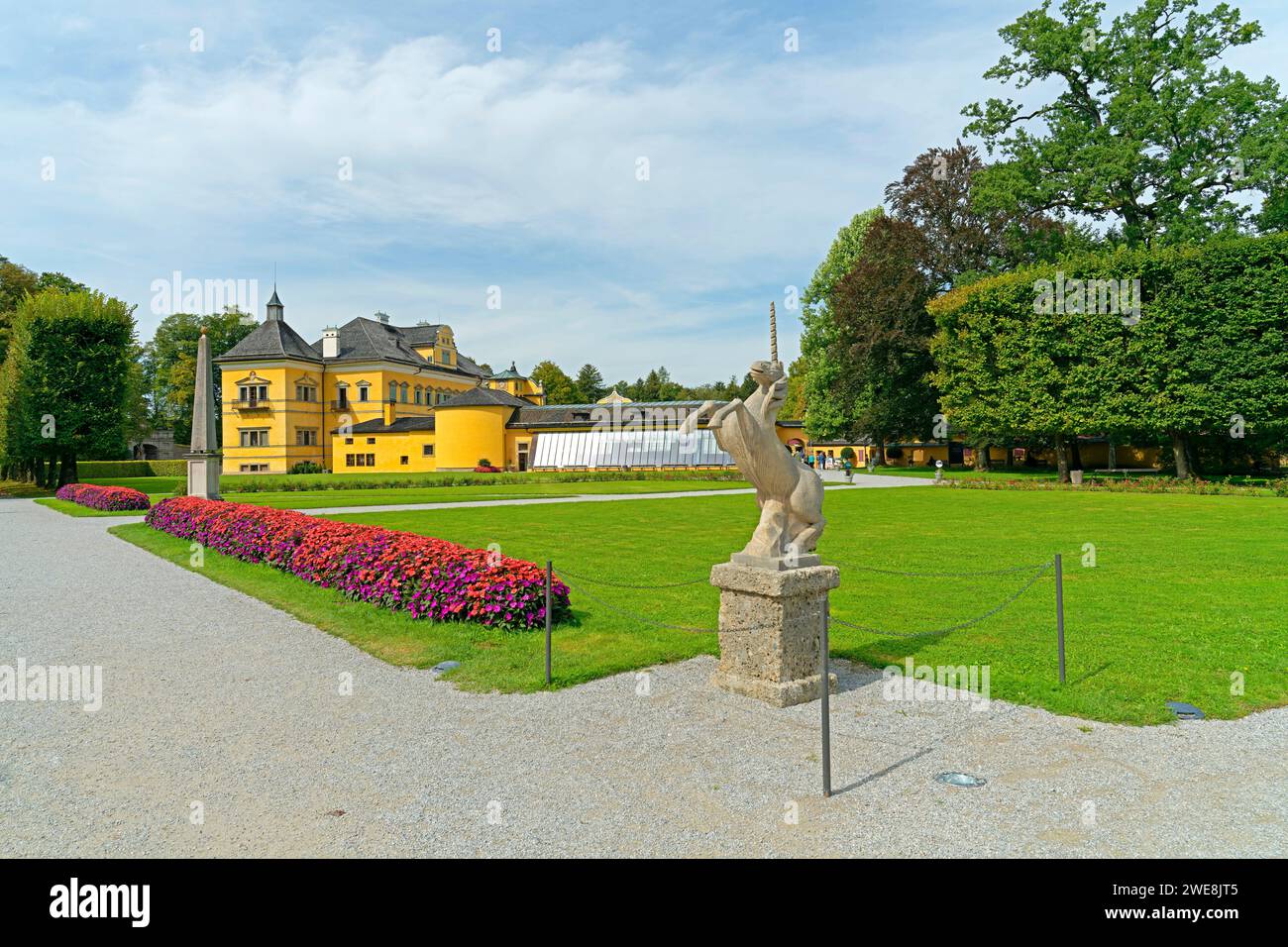 Schloss Hellbrunn, Hellbrunner Park, Obélisque, Statue, Einhorn Banque D'Images