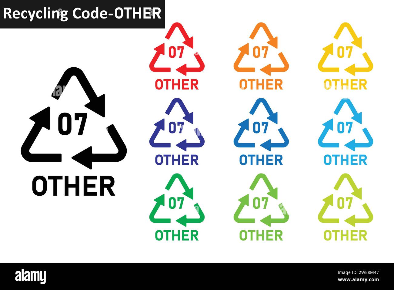 AUTRE jeu d'icônes de code de recyclage de plastique. Symbole de recyclage du plastique 07 AUTRE. Collection d'icônes de recyclage de plastique code 07 en dix couleurs différentes. Illustration de Vecteur