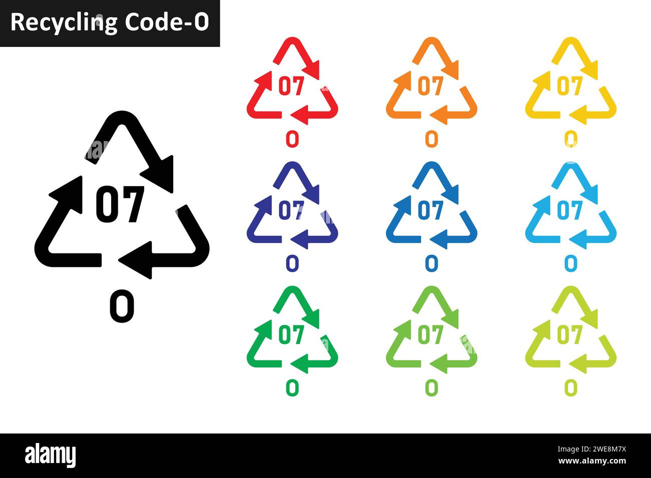 AUTRE jeu d'icônes de code de recyclage de plastique. Symbole de recyclage du plastique 07 O. Code de recyclage du plastique 07 Collection d'icônes en dix couleurs différentes. Illustration de Vecteur