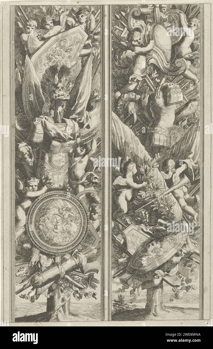 Waparentrofe, Jeansel Tapur, CA. 1657 - c. 1670 imprimer Bouclier rond avec cavalerie en guerre au milieu du trophée. Imprimeur : France (possiblement)après propre conception par : France (possiblement)éditeur : Paris papier gravure Banque D'Images