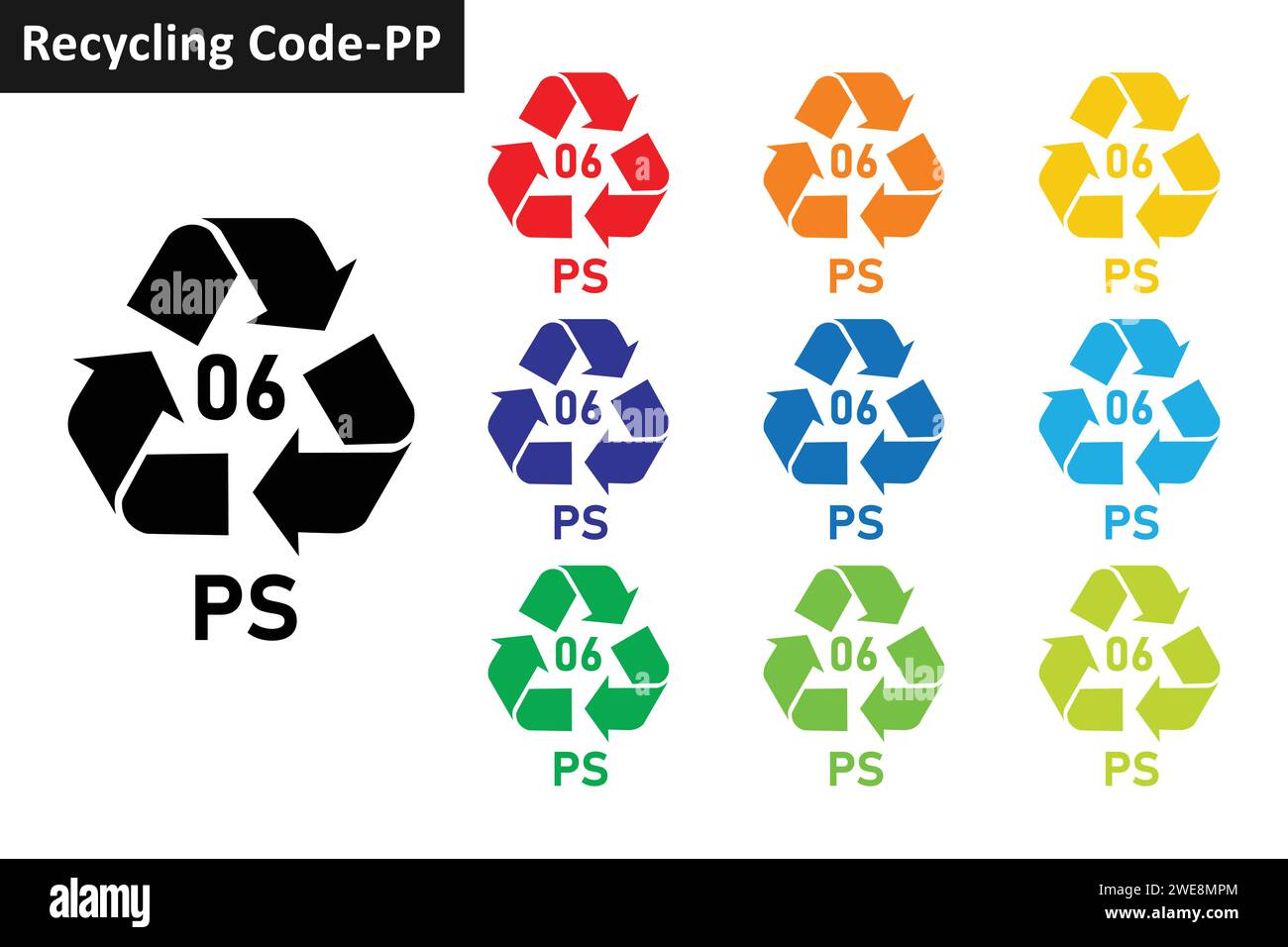 Jeu d'icônes de code de recyclage du plastique PS. Mobius Strip symbole de recyclage du plastique 06 PS. Collection d'icônes de recyclage de plastique code 06 en dix couleurs. Illustration de Vecteur