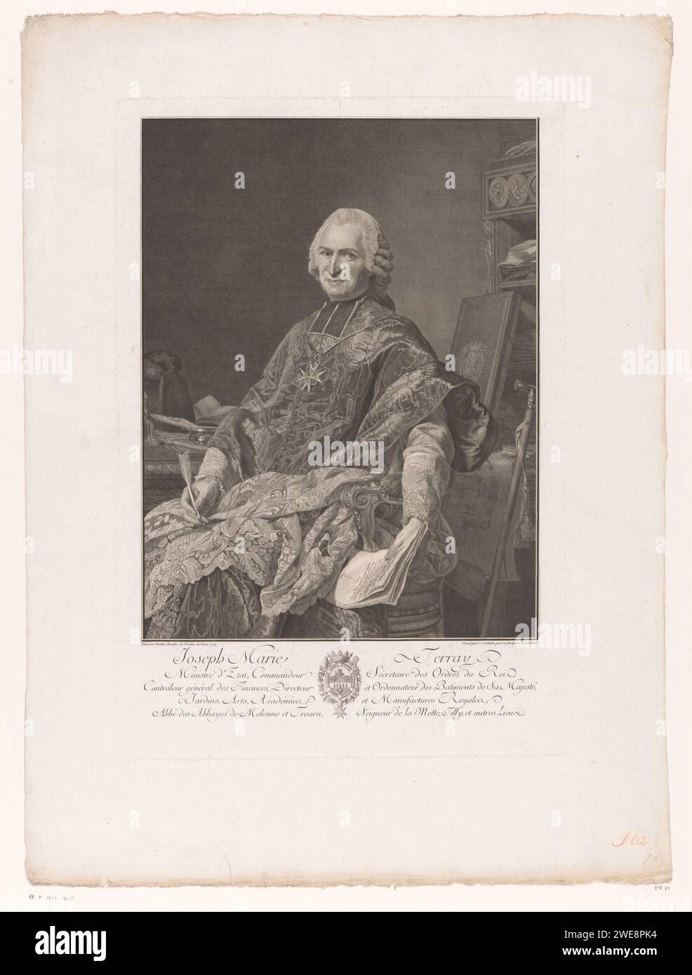 Portrait de Joseph Marie Terray, Louis Jacques Cathelin, d'après Alexander Roslin, 1777 papier gravure / gravure de personnages historiques. quill. dentelle Banque D'Images