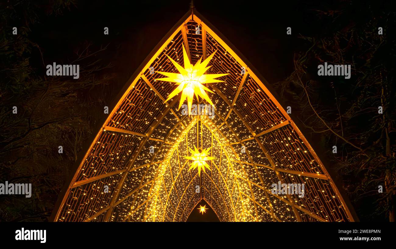 Mainau, Allemagne - 27 décembre 2023 : un jardin de Noël est un événement de Noël avec de belles créations lumineuses et illuminations sur l'île de Mainau Banque D'Images Mainau, Allemagne - 27 décembre 2023 : un jardin de Noël est un événement de Noël avec de belles créations lumineuses et illuminations sur l'île de Mainau Banque D'Images