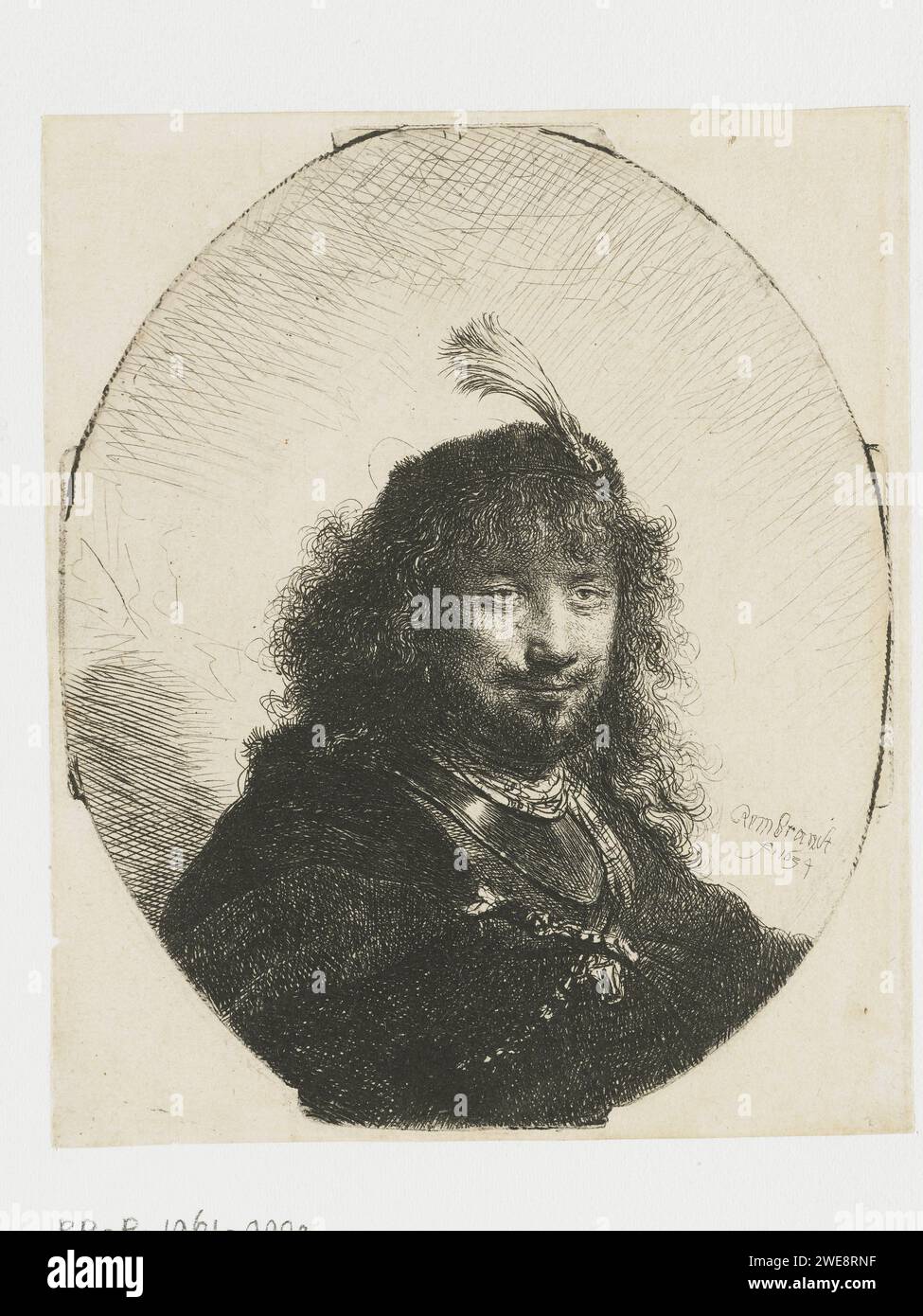 Autoportrait (?) Avec Plumed Cap, Rembrandt van Rijn, gravure sur papier imprimé 1634 Banque D'Images