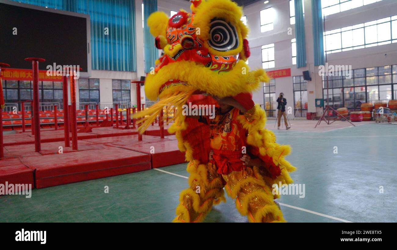 Nanning, la région autonome de Guangxi Zhuang en Chine. 14 janvier 2024. Deux danseurs en costume pratiquent des mouvements de danse du lion dans le comté de Tengxian, dans la région autonome de Guangxi Zhuang, dans le sud de la Chine, le 14 janvier 2024. POUR ALLER AVEC 'à travers la Chine : une ville du sud de la Chine vit et respire la danse du lion' crédit : Wu Sisi/Xinhua/Alamy Live News Banque D'Images