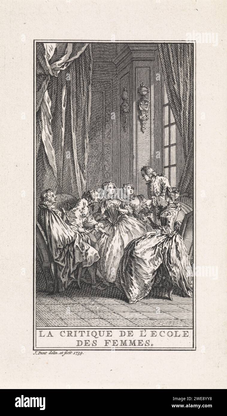 Compagnie de femmes dans un départ, Jan Punt, 1739 imprimer un groupe de femmes assis sur des chaises en cercle dans un départ. Un homme s'adresse à eux. Scène de la pièce la critique de l'école des femmes, de Molière. Amsterdam papier gravure / gravure femme à la mode, 'belle' Banque D'Images