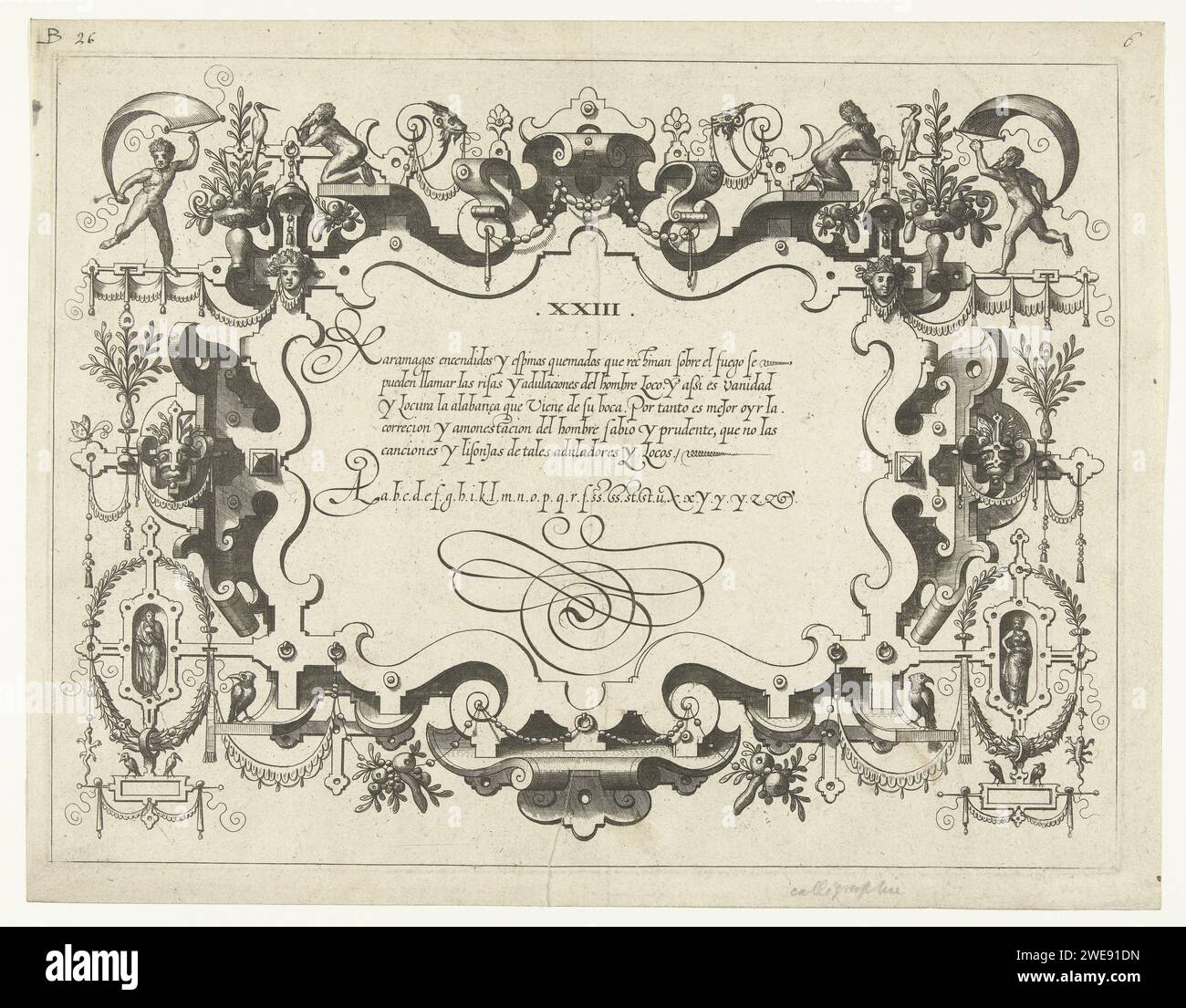 Cartouche avec calligraphie, à gauche et en haut à droite un homme avec bannière, Johannes ou Lucas van Doetechum, d'après Hans Vredeman de Vries, 1569 estampe feuille XXIII. Cartouche avec le texte Xaramagos Encendidos y Espinos .... en bas à gauche et en bas à droite pend une couronne de feuilles autour d'une niche dans la pâte. Dans la niche gauche il y a un homme, à droite une femme. D'une série de 21 cartouches numérotées avec calligraphie dans un cadre de roulement et d'accessoires avec grotesken, guirlandes et mascarons. Pays-Bas (éventuellement) gravure sur papier Banque D'Images