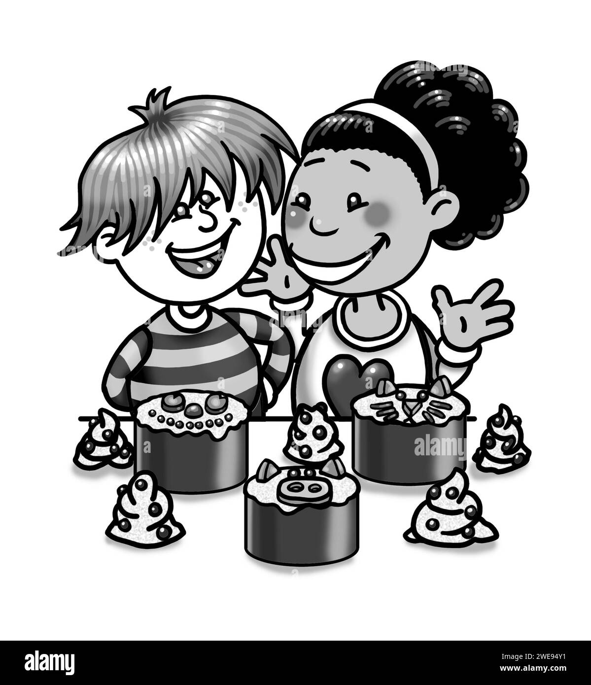 Art noir et blanc, fille noire, garçon blanc, enfants cuisinant ensemble, cuisson, apprendre à cuisiner, activité éducative, faire des gâteaux, temps en famille Banque D'Images
