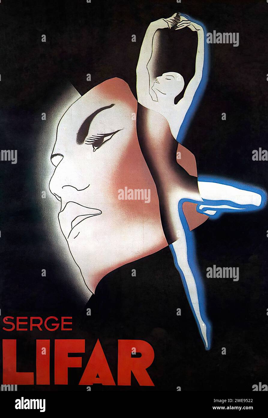 'SERGE LIFAR' Publicité française vintage. Une affiche graphique représentant la silhouette d'un danseur fusionnée avec un profil de visage stylisé sur un fond sombre. Le design utilise des contrastes nets et des couleurs minimes, typiques du style Art Déco, faisant la promotion de Serge Lifar. Banque D'Images