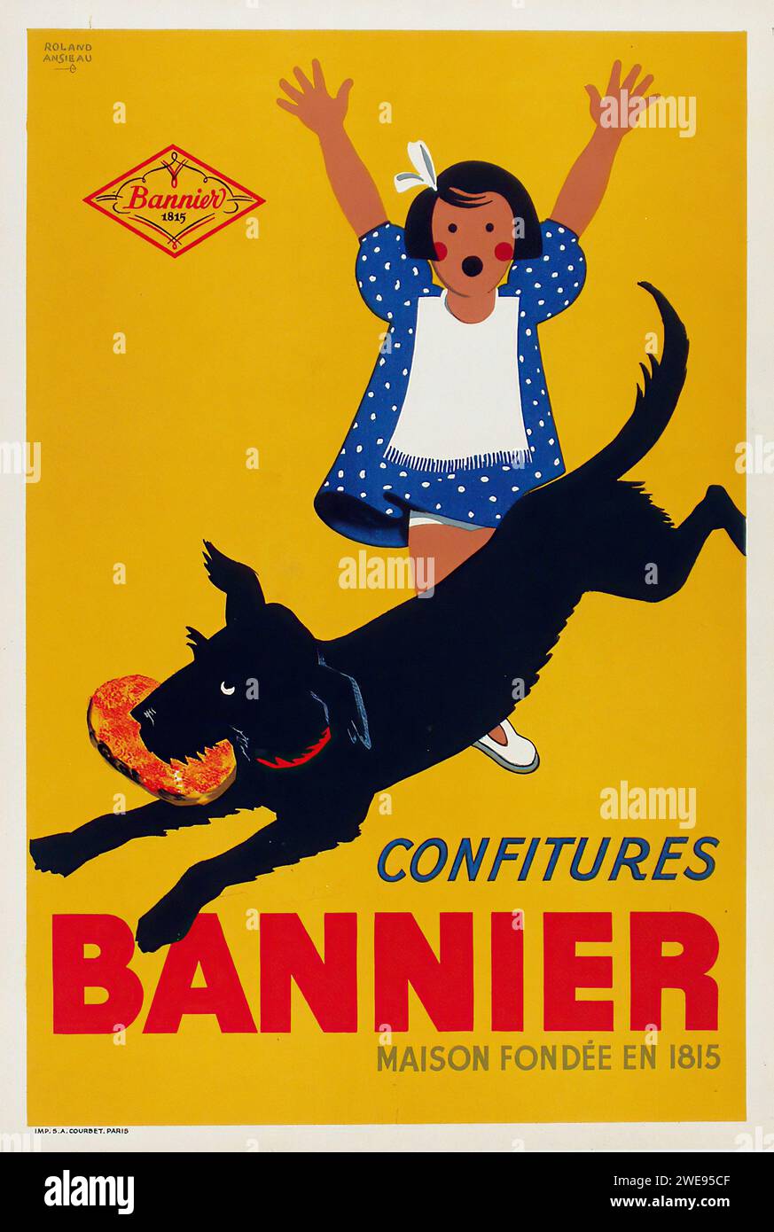 'CONFITURES BANNIER' 'MAISON FONDEE en 1815' [Bannier JAMS fondée en 1815] affiche publicitaire française vintage avec une illustration ludique d'une fille et d'un chien, dans un style audacieux et graphique du milieu du 20e siècle. Banque D'Images