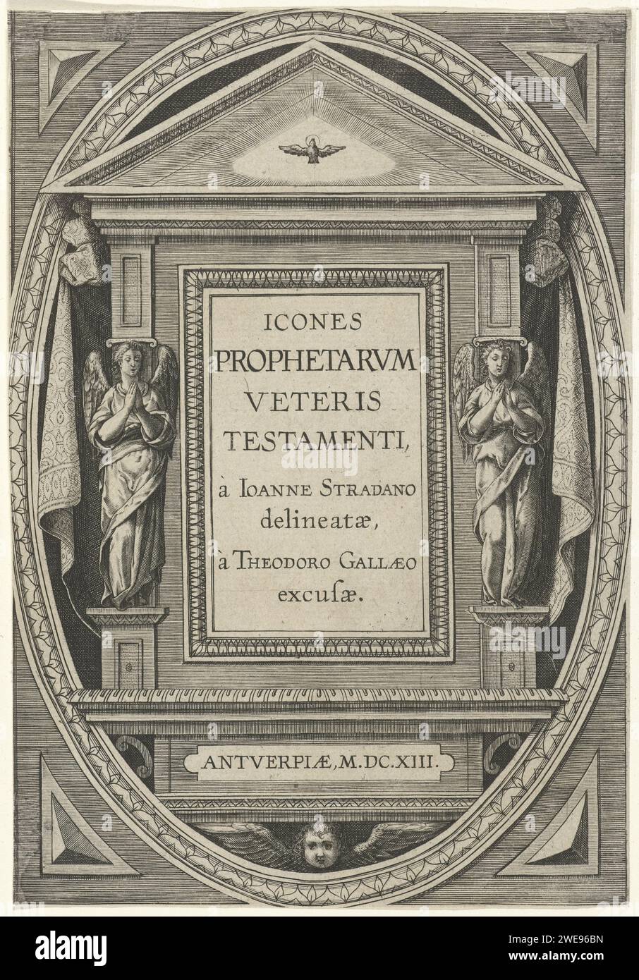 Icônes du Prophetarum ancien Testament Cornelis Galle (1), d'après Jan van der Straet, 1613 print impression titre pour une série de 27 estampes avec des prophètes de l'ancien Testament. Titre de la série dans cadre architectural. Anvers gravure sur papier Holy Ghost représenté comme une colombe (en flammes) Banque D'Images