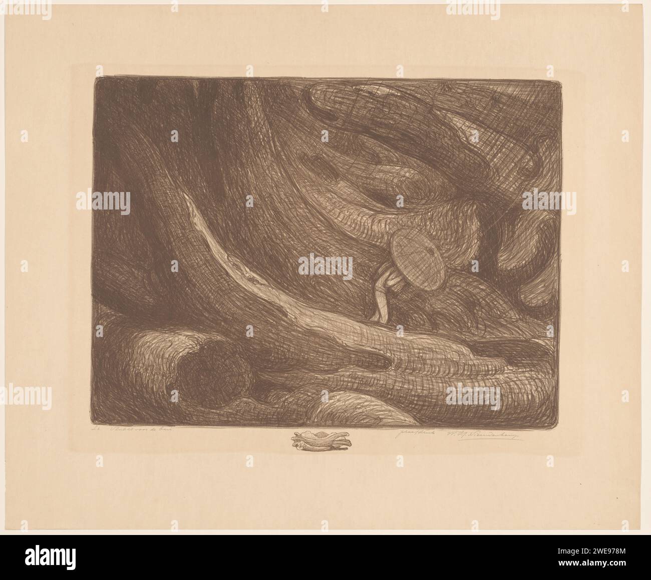 Fuir à de Bui, Wijnand Otto Jan Nieuwenkamp, 1918 impression probablement sur Java. arbres en papier. tempête sur terre. averse, douche à effet pluie. Parapluie Java Banque D'Images